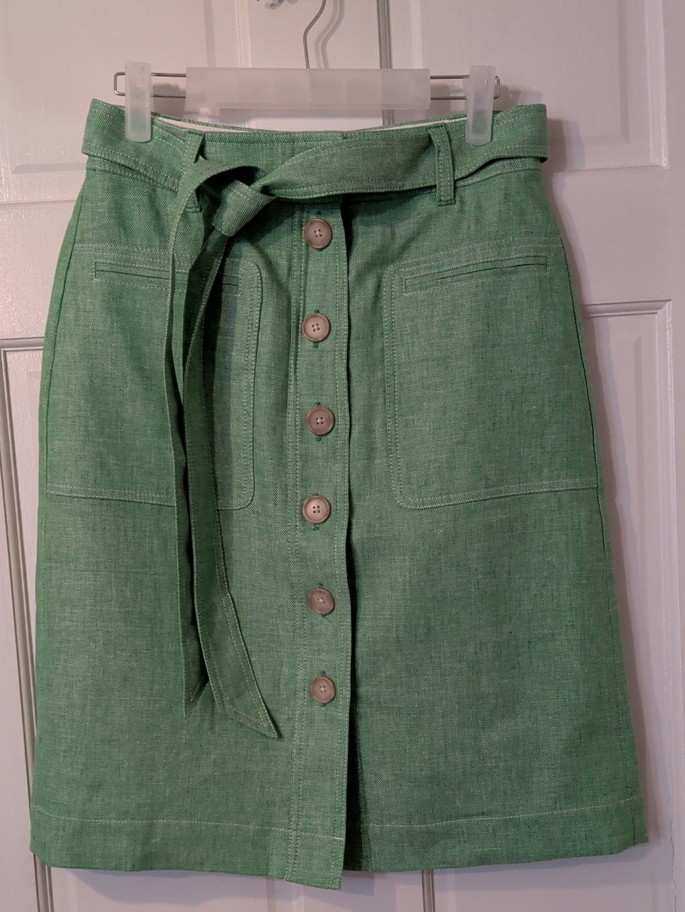 J. Crew Green Button-Front Belted Midi Skirt